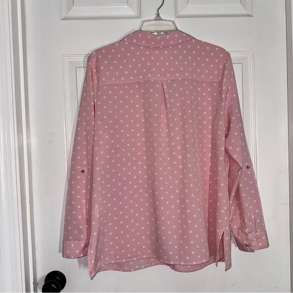 Pink Polka Dot Button-Front Utility Blouse with Silver Buttons and Chest Pockets - Picture 8 of 10